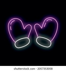 Concept christmas gloves icon neon glow style, happy new year and merry christmas flat vector illustration, isolated on black. Xmas holiday winter time.