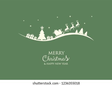 Concept of Christmas greeting card with cartoon Santa Claus and reindeers. Vector.