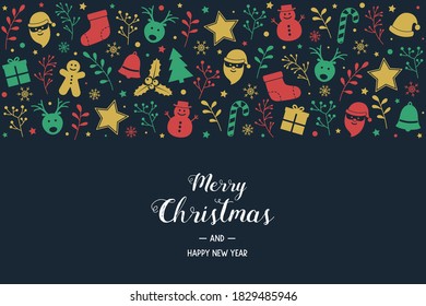 Concept of Christmas greeting card with decorations and wishes. Vector
