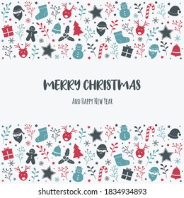 Concept of Christmas greeting card with decorations and wishes. Vector