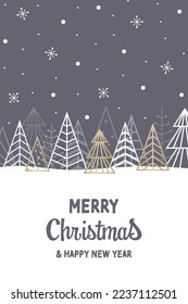 Concept of Christmas greeting card with golden trees. Vector illustration