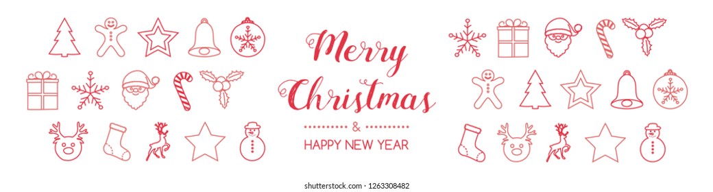 Concept of Christmas greeting card with hand drawn decorations. Vector.
