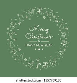 Concept of Christmas greeting card with hand drawn decorations. Vector.