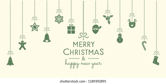 Concept of Christmas greeting card with hanging ornaments and greetings. Vector.