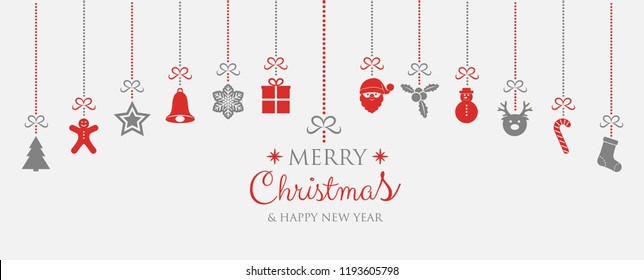 Concept of Christmas greeting card with hanging ornaments and greetings. Vector.