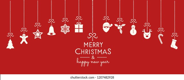 Concept of Christmas greeting card with hanging ornaments and greetings. Vector.