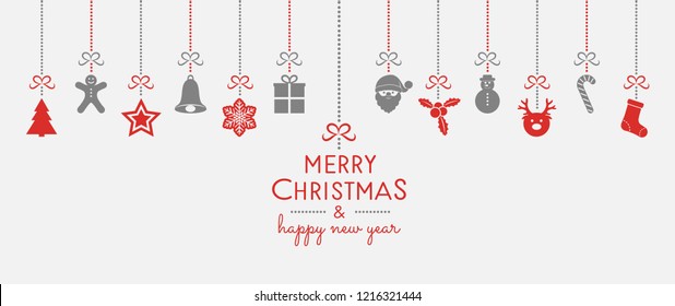 Concept of Christmas greeting card with hanging ornaments and greetings. Vector