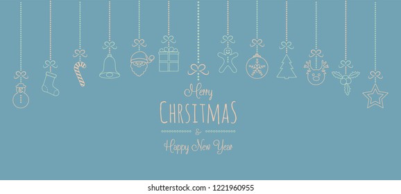 Concept of Christmas greeting card with hanging decorations. Vector.
