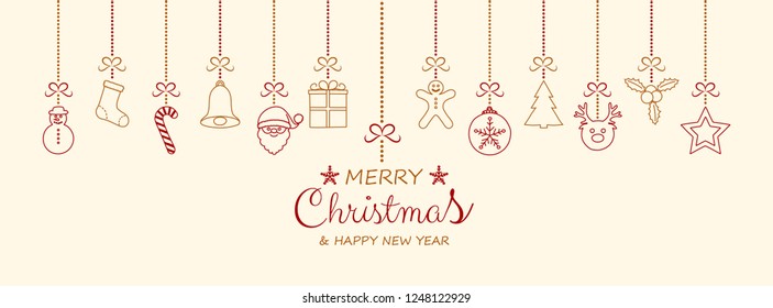 Concept of Christmas greeting card with hanging decorations. Vector.