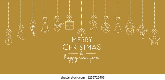 Concept of Christmas greeting card with hanging decorations. Vector.