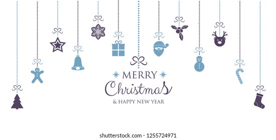 Concept of Christmas greeting card with hanging ornaments and greetings. Vector.