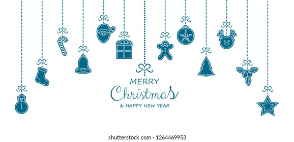 Concept of Christmas greeting card with hanging decorations. Vector.