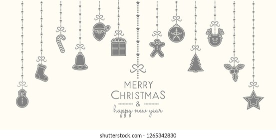 Concept of Christmas greeting card with hanging decorations. Vector.