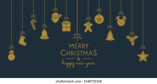 Concept of Christmas greeting card with hanging decorations. Vector.