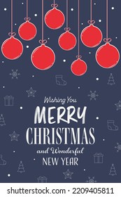 Concept of Christmas greeting card with hanging balls. Vector illustration