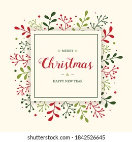 Concept of Christmas greeting card with mistletoe branches. Xmas background with wishes. Vector