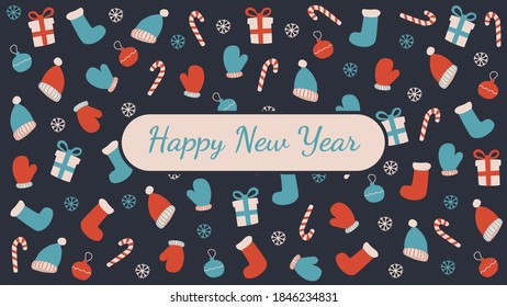 Concept for Christmas greeting card, New Year, handmade. Vector background of Christmas illustrations of gifts, sweets, socks, mittens, hats and snowflakes. Design template for packaging.