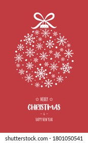 Concept of Christmas greeting card with snowflakes and wishes. Xmas ball. Vector