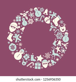 Concept of Christmas greeting card with wreath and decorations. Vector.