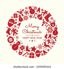 Concept of Christmas greeting card with wreath and decorations. Vector.