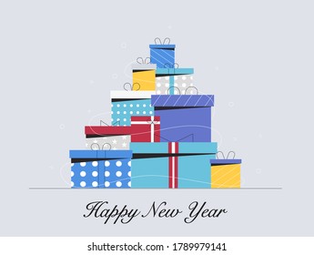 Concept of Christmas and happy new year. Set of Christmas gift boxes with different colors. Flat style vector illustration.