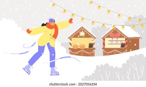 Konzept des Weihnachtsmarktes. Flache Vektorgrafik mit glücklicher Frau, die auf der Messe auf der Eisbahn Schlittschuhlaufen geht. Weihnachts- und Neujahrsfeiern Web-Banner oder Flyer.