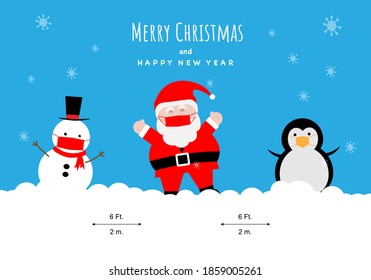 Concept of Christmas and new normal in coronavirus pandemic. Vector illustration of Santa Claus, penguin and snowman wearing mask and social distancing