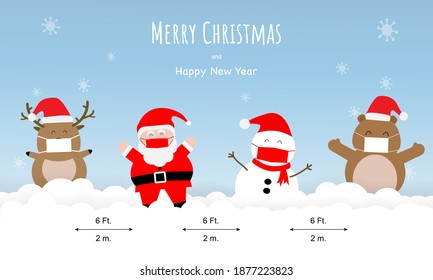 Concept of Christmas and new normal in coronavirus pandemic. Vector illustration of Santa Claus, snowman, bear, reindeer on snow wearing mask and with social distancing.