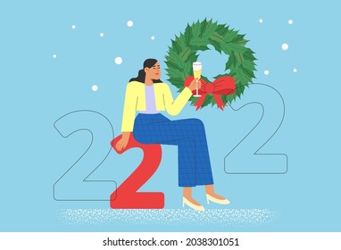 Concept of Christmas and New Year celebrations. Flat vector illustration with happy woman holding numbers 2022. Secret Santa or a party with friends or colleagues or family.