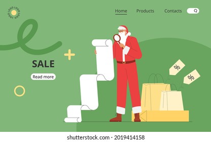 Concept of Christmas and New Year discounts and sales, web template. Modern flat vector illustration with Santa Claus is holding up a long piece of paper.