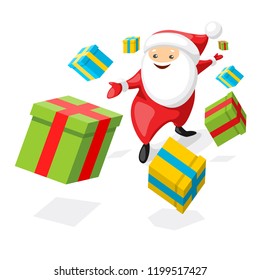 Concept of Christmas post office. Happy Santa Claus sending gift boxes. Vector illustration in cartoon style.
