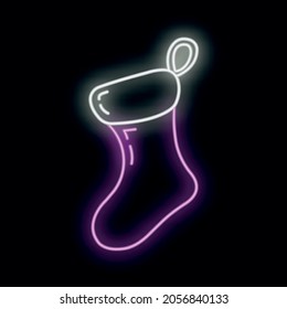 Concept christmas sock icon neon glow style, happy new year and merry christmas flat vector illustration, isolated on black. Xmas holiday winter time.