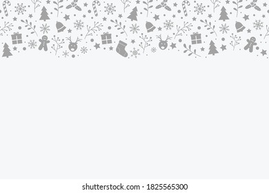 Concept of Christmas top border with decorations. Xmas background. Vector