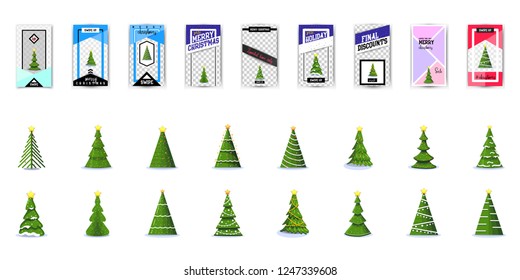 The concept of Christmas trees modern flat style with decorations and without toys. Social Network Story Template for Christmas and New Year