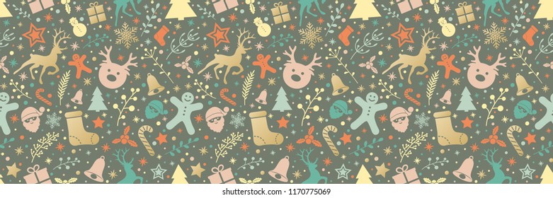 Concept of Christmas wallpaper with decorations - seamless texture. Vector.