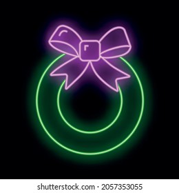 Concept christmas wreath icon green neon glow style, happy new year and merry christmas flat vector illustration, isolated on black. Xmas holiday winter time.