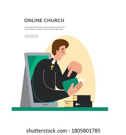 Concept Church and Liturgy online. The pastor conducts church services online. Internet Church, Landing page template.