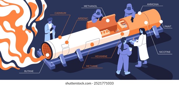 Concepto de peligro del cigarrillo. Infografía de toxinas dañinas, venenos en sección transversal. Influencia nociva del humo de tabaco. Elementos químicos peligrosos, nicotina dentro del cigarro. Ilustración vectorial plana