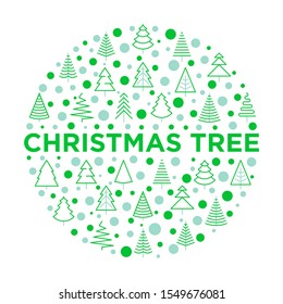 Concept in circle shape with different Christmas trees. Minimalistic simple thin line icons. Vector illustration for greeting card, Christmas and New Year decoration.