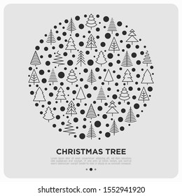 Concept in circle shape with different Christmas trees. Minimalistic simple thin line icons. Vector illustration for greeting card, Christmas and New Year decoration.