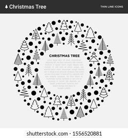 Concept in circle shape with different Christmas trees. Minimalistic simple thin line icons. Vector illustration for greeting card, Christmas and New Year decoration.