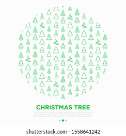 Concept in circle shape with different Christmas trees. Minimalistic simple thin line icons. Vector illustration for greeting card, Christmas and New Year decoration.