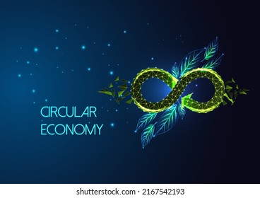 Concept of circular economy with infinity loop and green leaves on dark blue background.