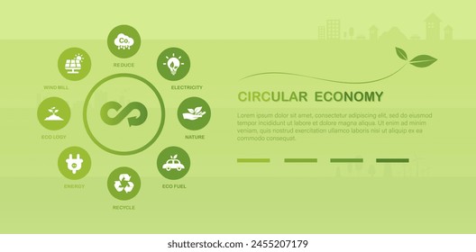 El concepto de economía circular Industria sostenible con turbinas eólicas y paneles solares. Ilustración vectorial de energía verde e ícono verde sobre fondo verde.