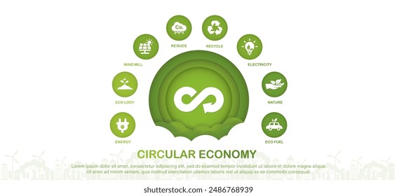 The concept circular economy,recycle, environment, Sustainable industry with wind turbines and solar panels. Green energy vector illustration.