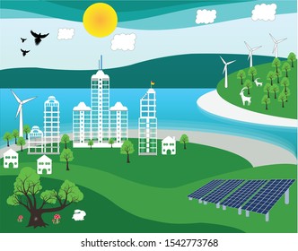 The concept of the city of clean electric energy reduces global warming With solar energy and wind turbines Seaside park with beautiful beaches