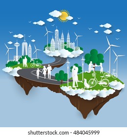 The concept of City go Green, Green City concept. paper cut Style,Vector design element  Illustration 