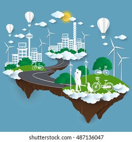 The concept of City go Green,Green City concept  paper cut Style ,Vector design element Illustration 