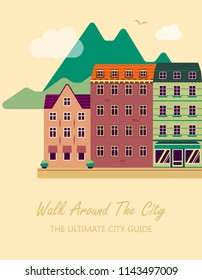 Concept for city guide. Beautiful town houses. Flat design of the old city.