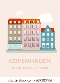 Concept for city guide. Beautiful town houses. Flat design of the old city.